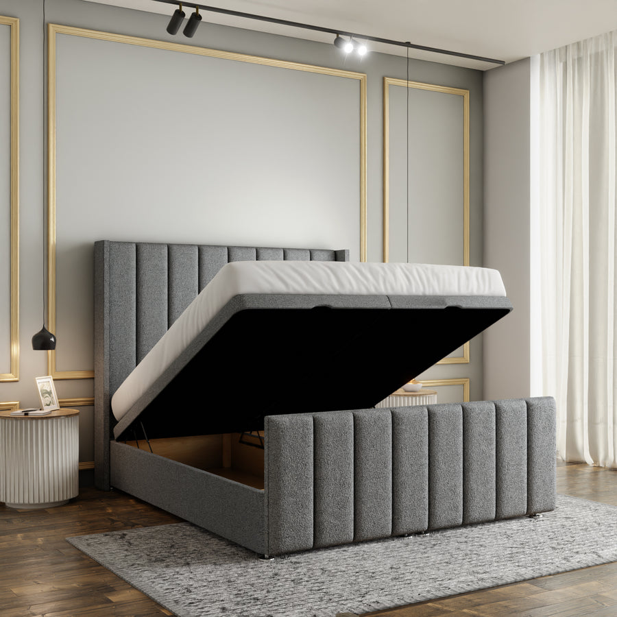Amelia Lines Wingback Ottoman Storage Divan Bed Set With Footboard - Grey Teddy