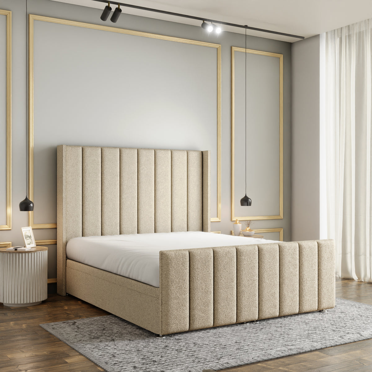 Amelia Lines Wingback Ottoman Storage Divan Bed Set With Footboard - Cream Teddy