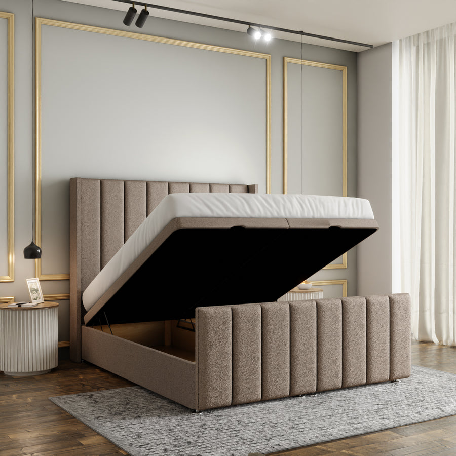 Amelia Lines Wingback Ottoman Storage Divan Bed Set With Footboard - Mink Teddy