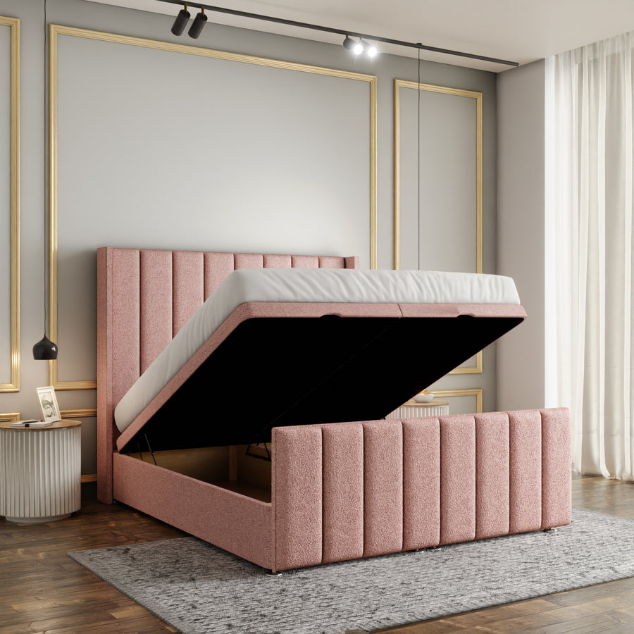 Amelia Lines Wingback Ottoman Storage Divan Bed Set With Footboard - Baby Pink Teddy