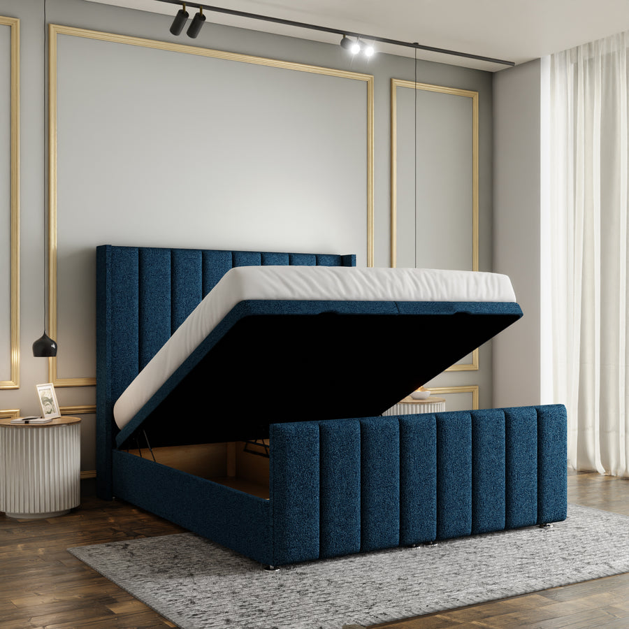 Amelia Lines Wingback Ottoman Storage Divan Bed Set With Footboard - Blue Teddy
