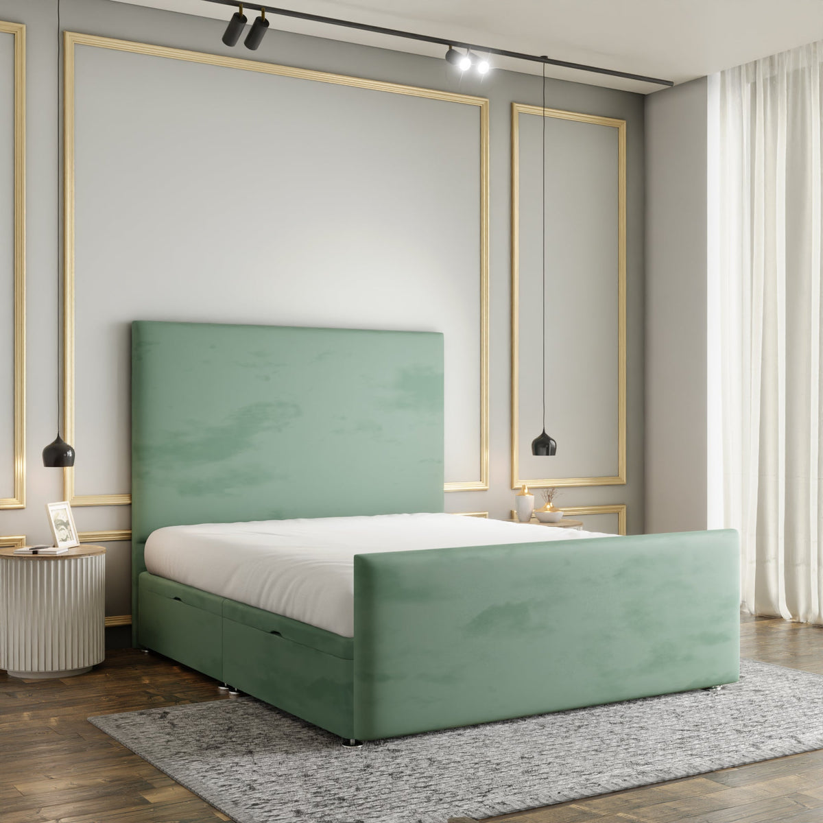 Maya Plain Ottoman Storage Divan Bed Set With Footboard - Duck Egg Plush