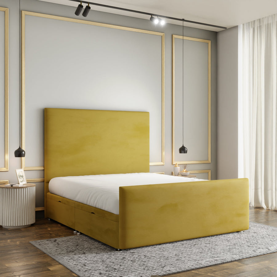 Maya Plain Ottoman Storage Divan Bed Set With Footboard - Turmeric Plush
