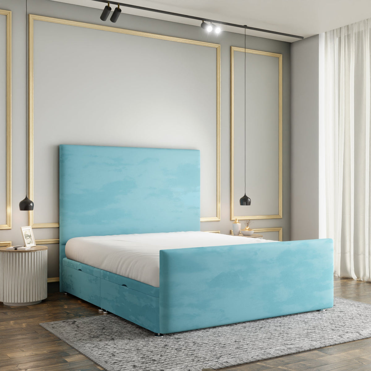 Maya Plain Ottoman Storage Divan Bed Set With Footboard - Ice Blue Plush
