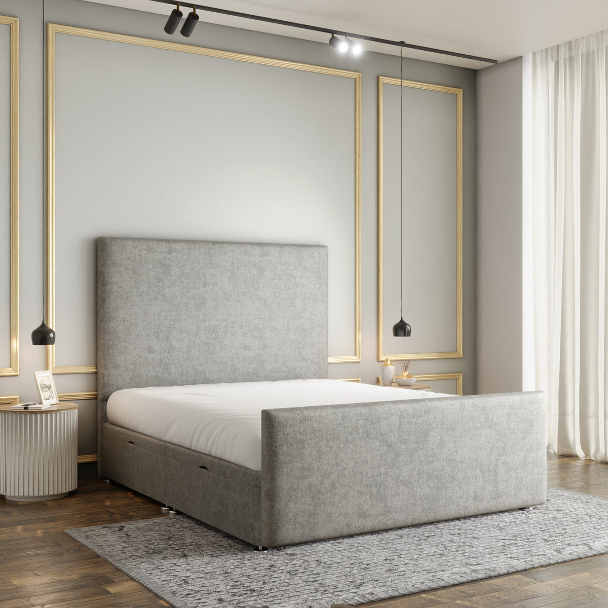 Maya Plain Ottoman Storage Divan Bed Set With Footboard - Silver Naples