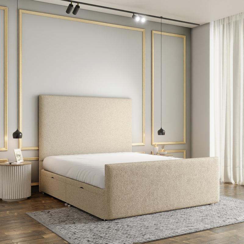 Maya Plain Ottoman Storage Divan Bed Set With Footboard - Cream Teddy