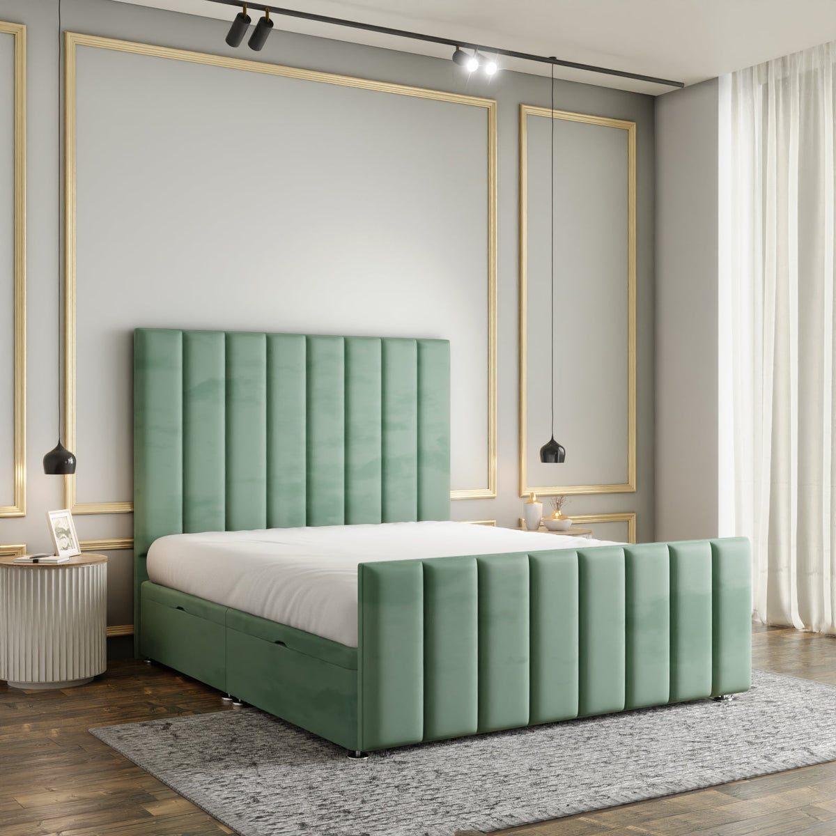 Amelia Lines Ottoman Storage Divan Bed Set With Footboard - Duck Egg Plush