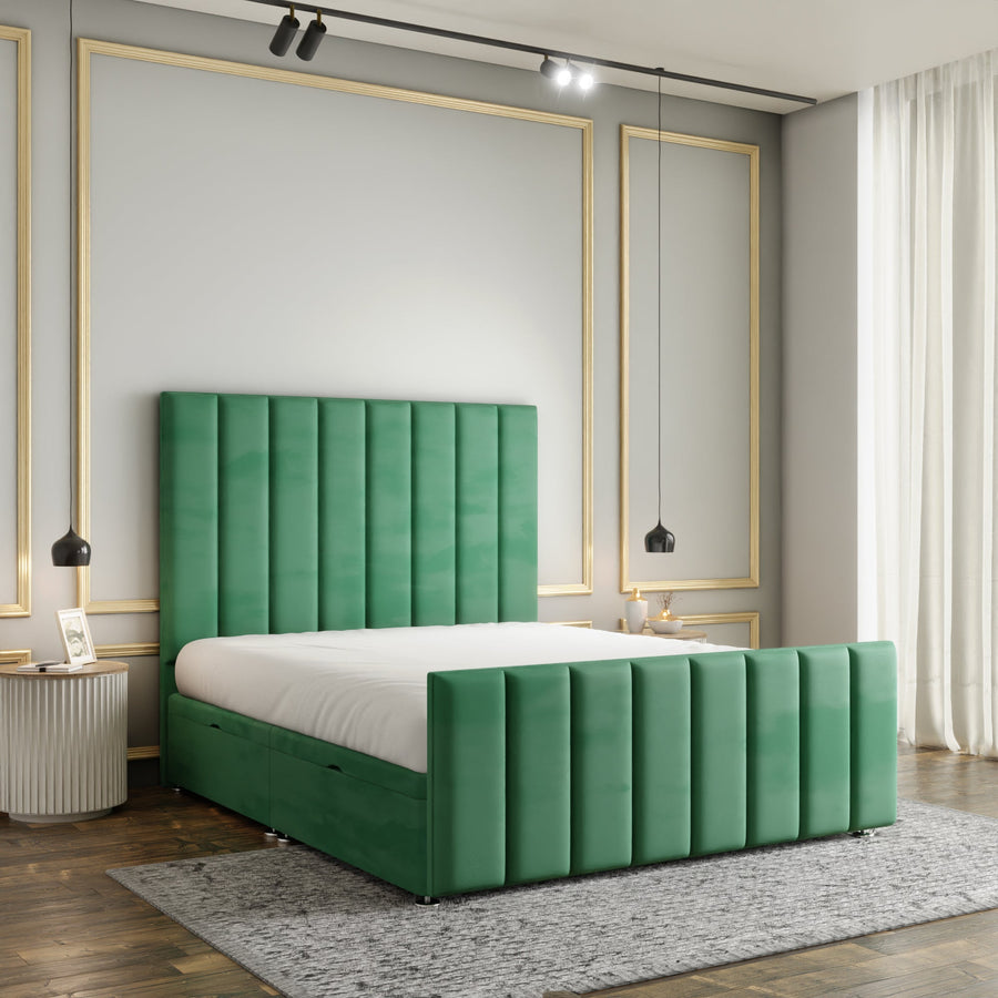 Amelia Lines Ottoman Storage Divan Bed Set With Footboard - Emerald Plush