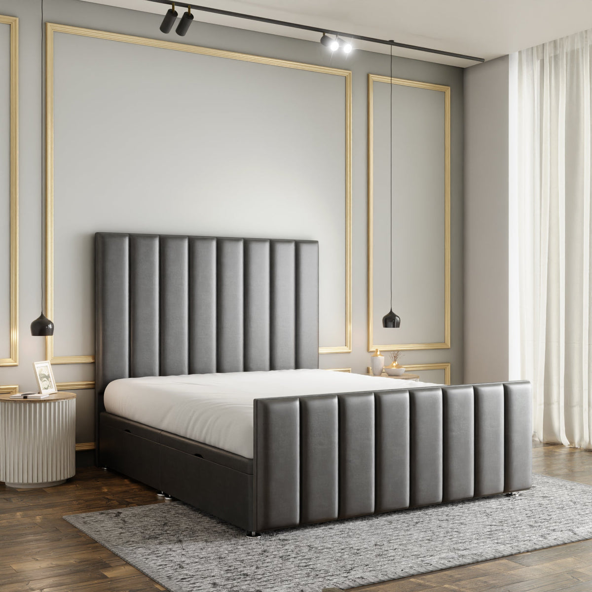 Amelia Lines Ottoman Storage Divan Bed Set With Footboard - Grey Coniston