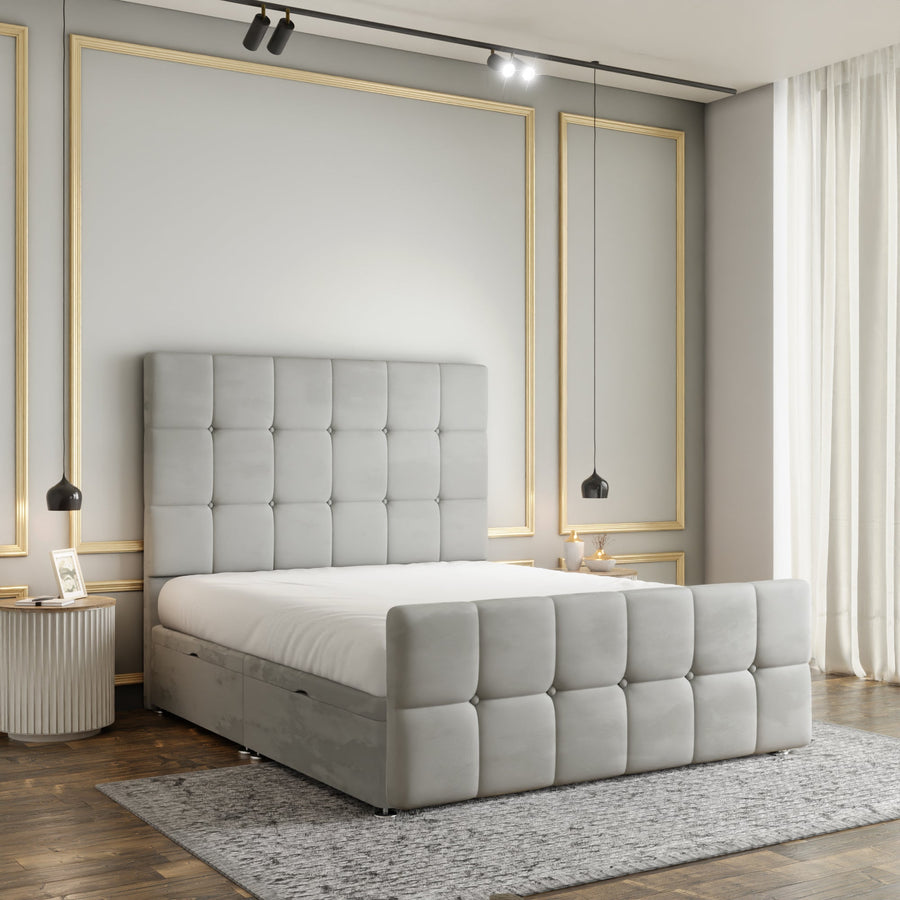 Ayra Cube Ottoman Storage Divan Bed Set With Footboard - Silver Plush