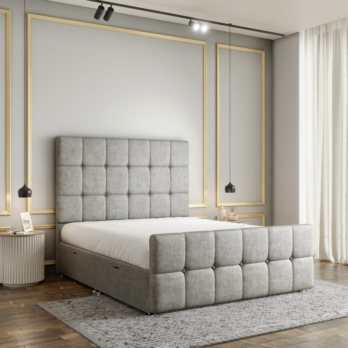 Ayra Cube Ottoman Storage Divan Bed Set With Footboard - Silver Naples