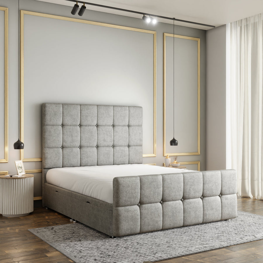 Ayra Cube Ottoman Storage Divan Bed Set With Footboard - Silver Naples