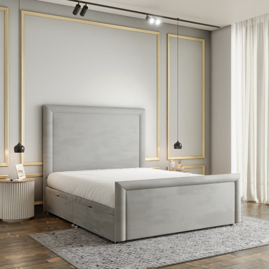 Ivy Bumper Border Ottoman Storage Divan Bed Set With Footboard - Silver Plush