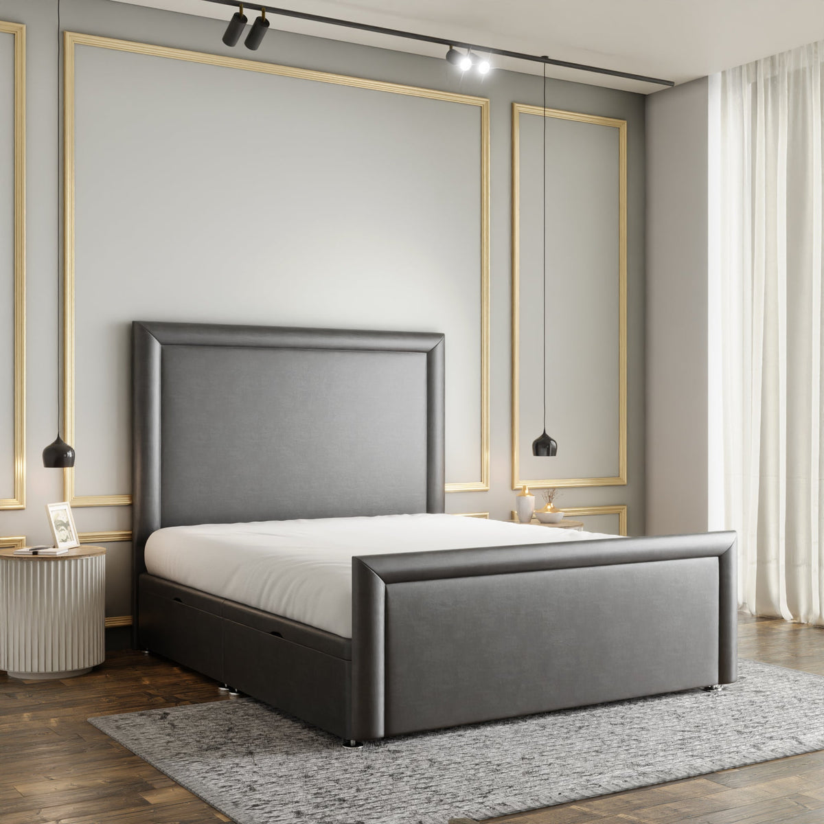 Ivy Bumper Border Ottoman Storage Divan Bed Set With Footboard - Grey Coniston
