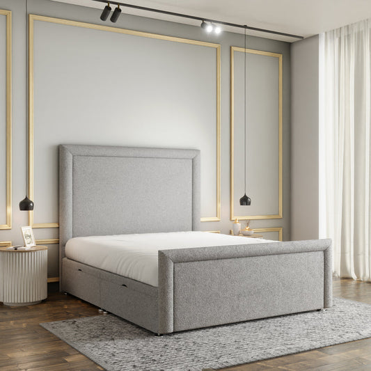 Ivy Bumper Border Ottoman Storage Divan Bed Set With Footboard - Silver Teddy