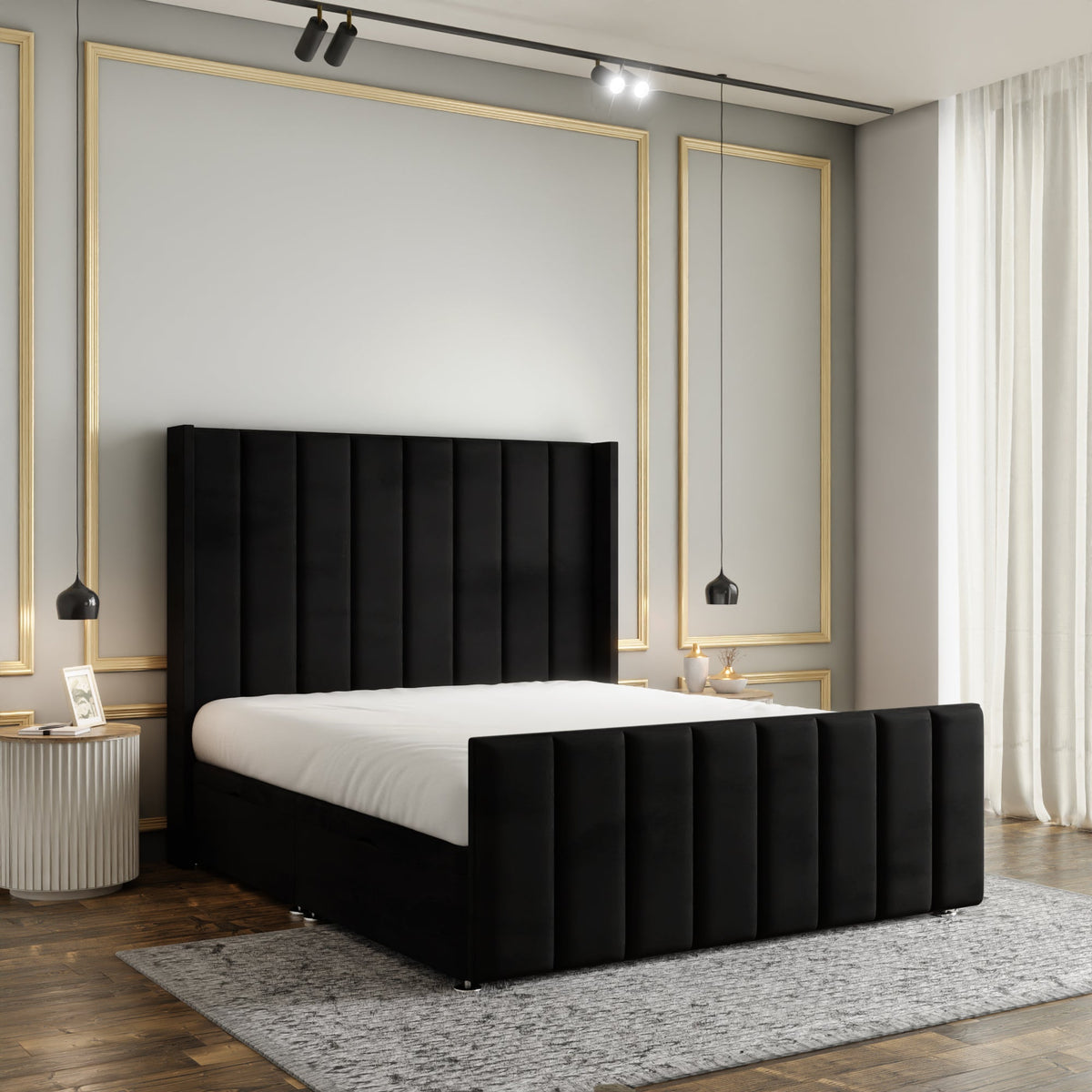 Amelia Lines Wingback Ottoman Storage Divan Bed Set With Footboard - Black Plush