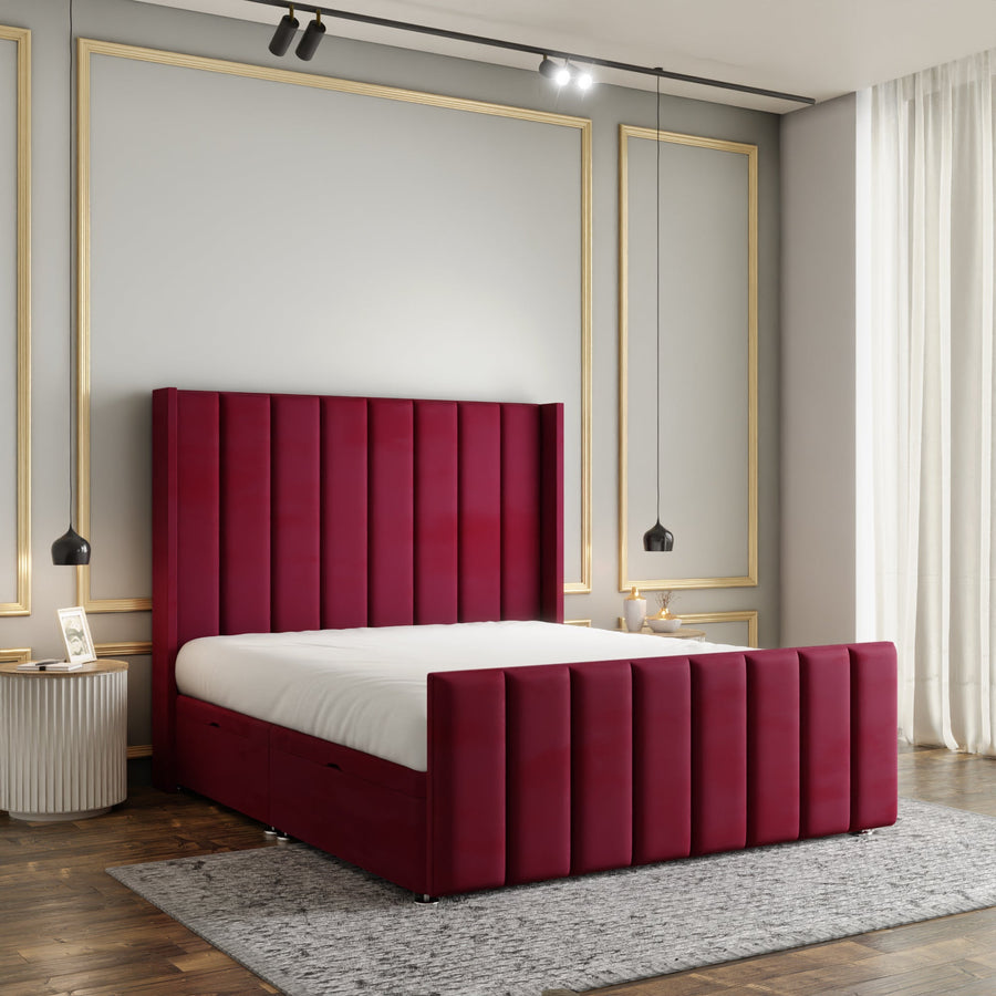 Amelia Lines Wingback Ottoman Storage Divan Bed Set With Footboard - Burgundy Plush