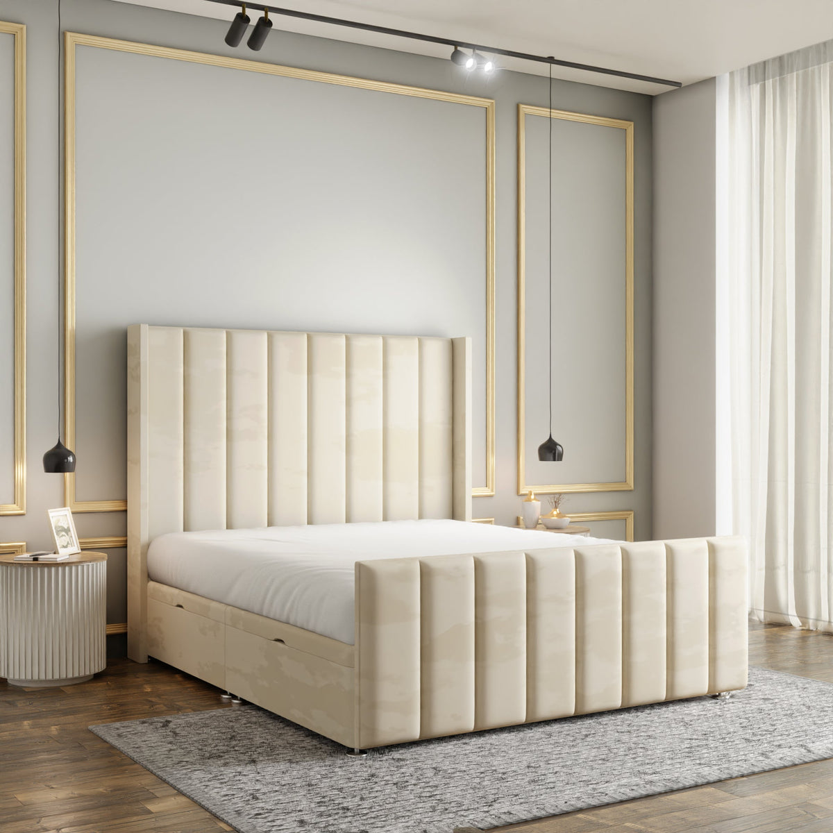 Amelia Lines Wingback Ottoman Storage Divan Bed Set With Footboard - Cream Plush
