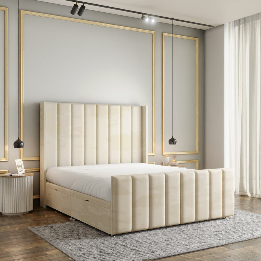 Amelia Lines Wingback Ottoman Storage Divan Bed Set With Footboard - Cream Plush