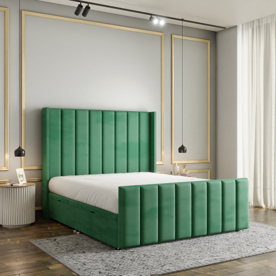 Amelia Lines Wingback Ottoman Storage Divan Bed Set With Footboard - Emerald Plush