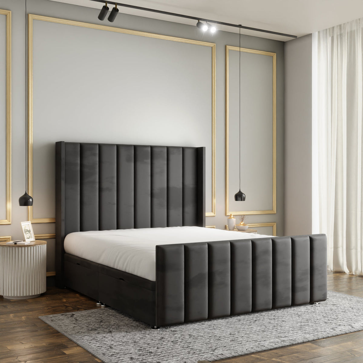 Amelia Lines Wingback Ottoman Storage Divan Bed Set With Footboard - Steel Grey Plush