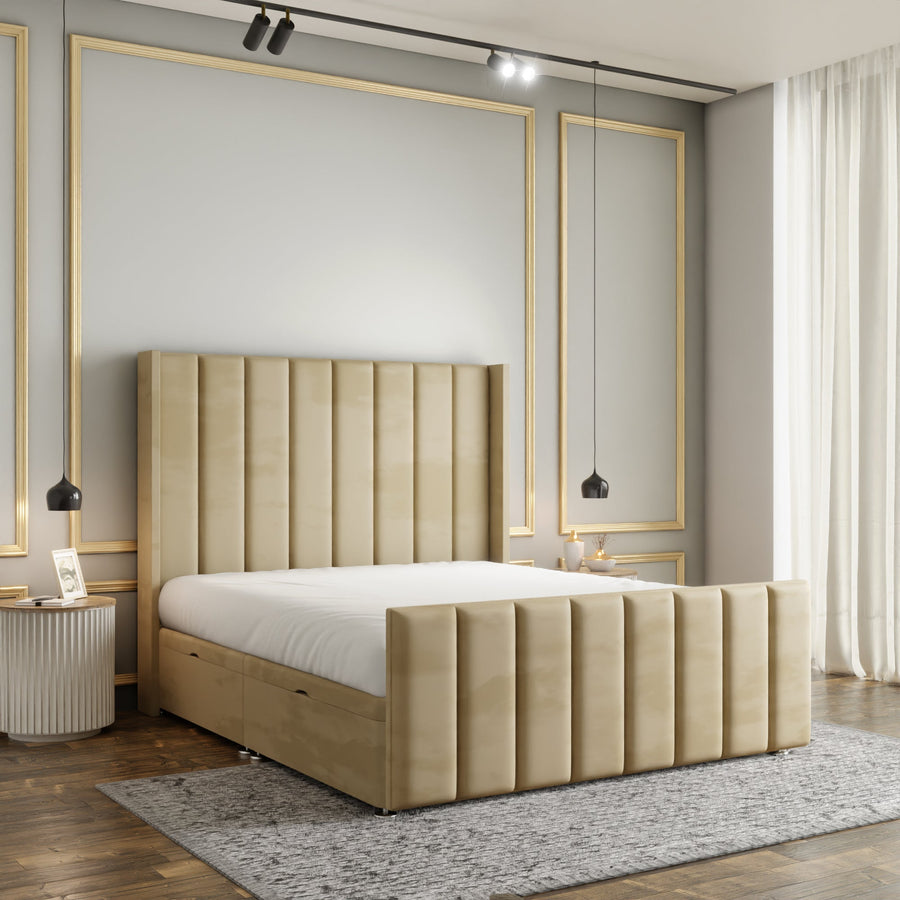 Amelia Lines Wingback Ottoman Storage Divan Bed Set With Footboard - Mink Plush
