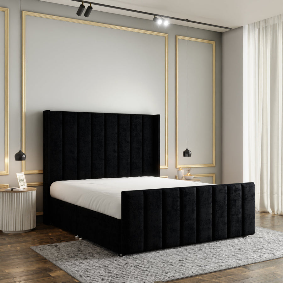 Amelia Lines Wingback Ottoman Storage Divan Bed Set With Footboard - Black Naples