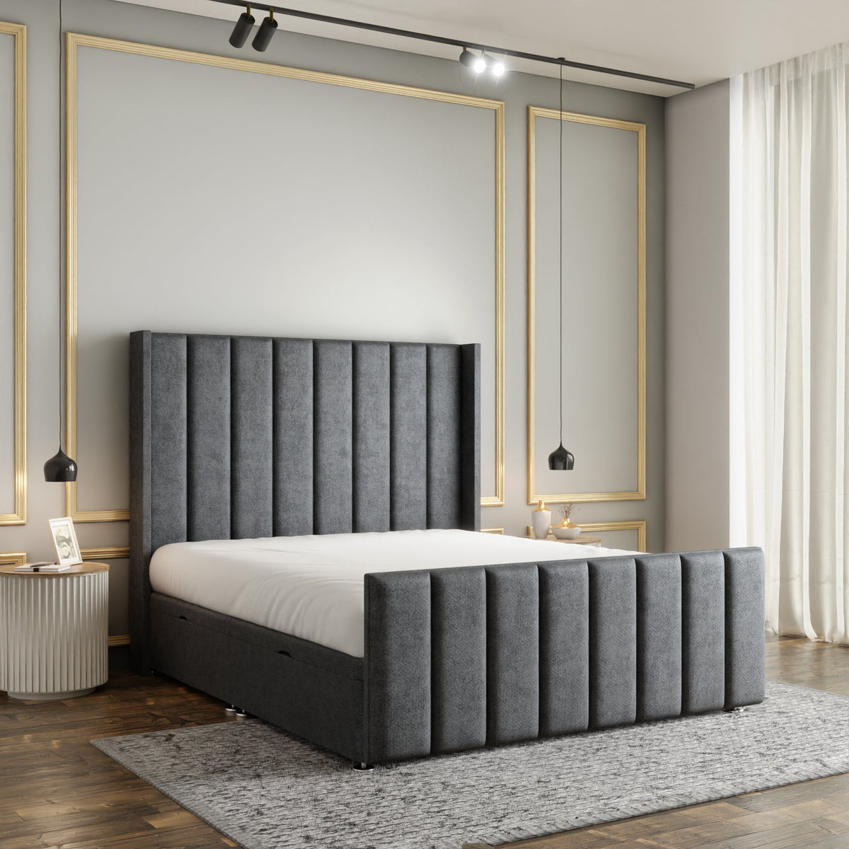 Amelia Lines Wingback Ottoman Storage Divan Bed Set With Footboard - Grey Naples