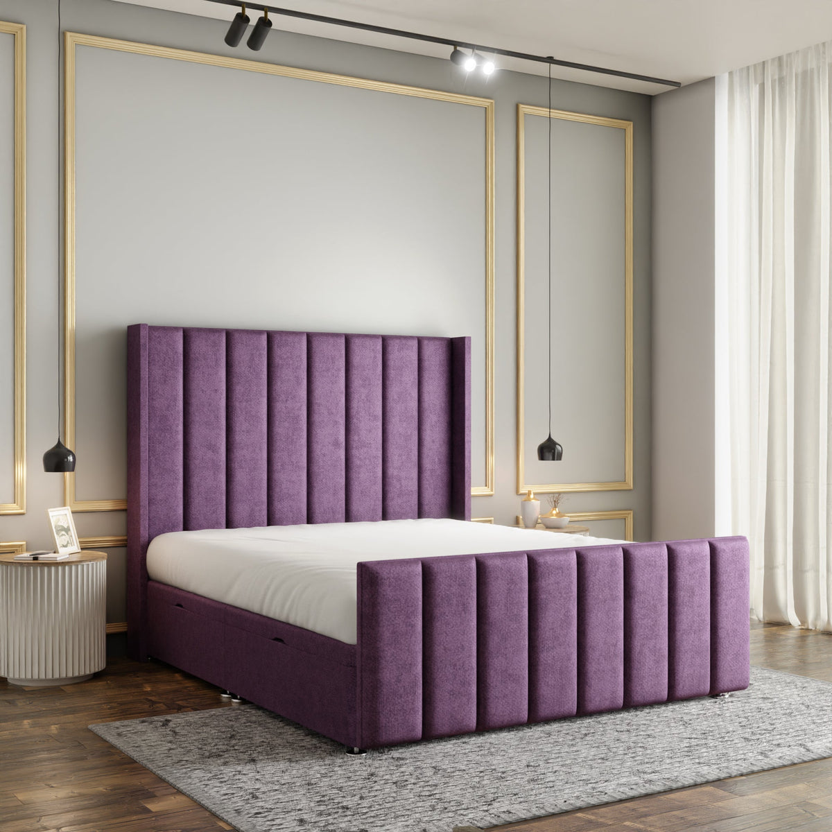 Amelia Lines Wingback Ottoman Storage Divan Bed Set With Footboard - Lilac Naples