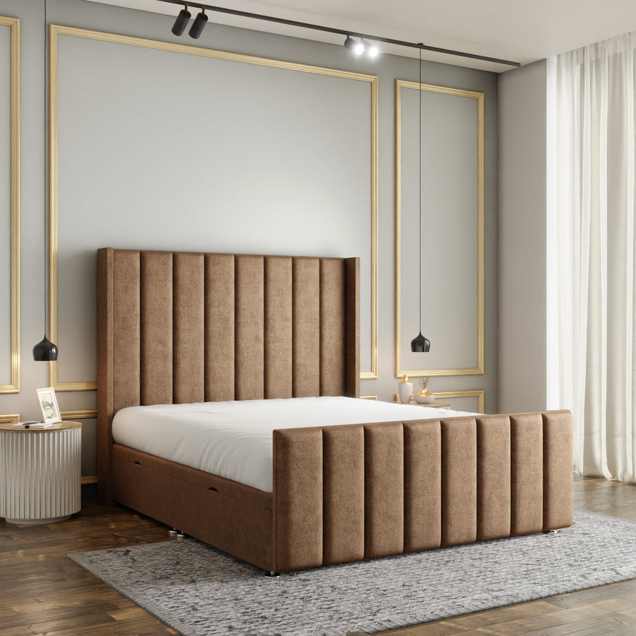 Amelia Lines Wingback Ottoman Storage Divan Bed Set With Footboard - Mink Beige Naples