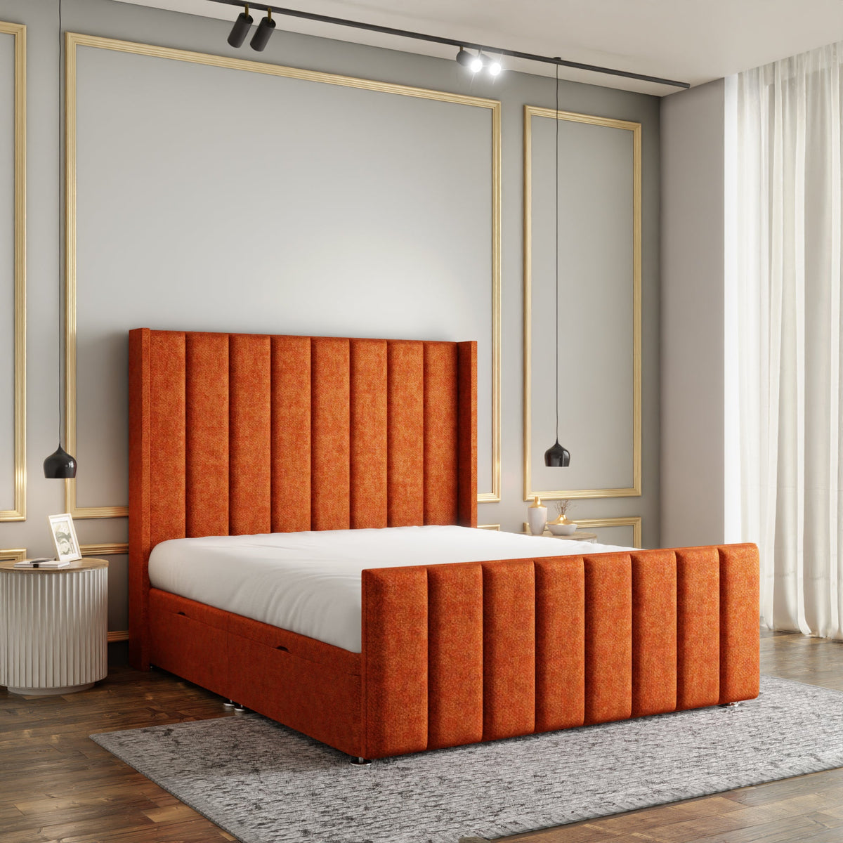 Amelia Lines Wingback Ottoman Storage Divan Bed Set With Footboard - Orange Naples