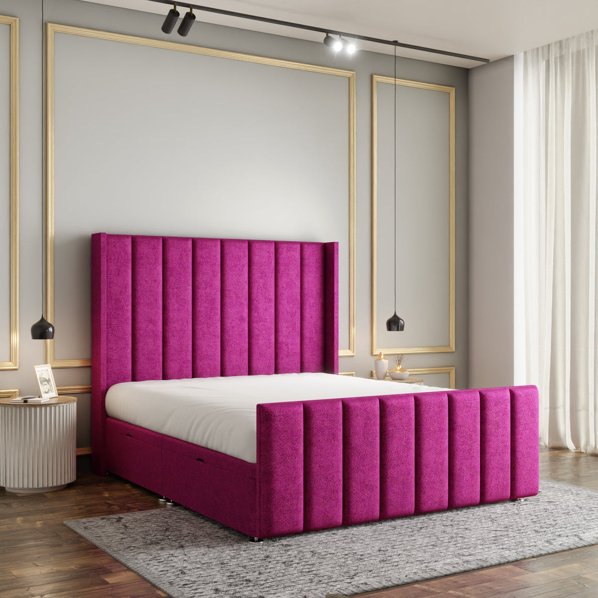 Amelia Lines Wingback Ottoman Storage Divan Bed Set With Footboard - Pink Naples