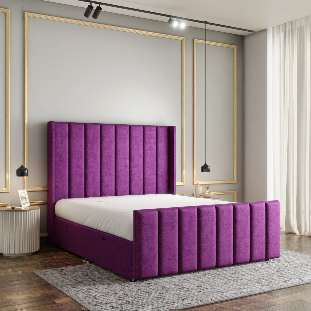 Amelia Lines Wingback Ottoman Storage Divan Bed Set With Footboard - Purple Naples