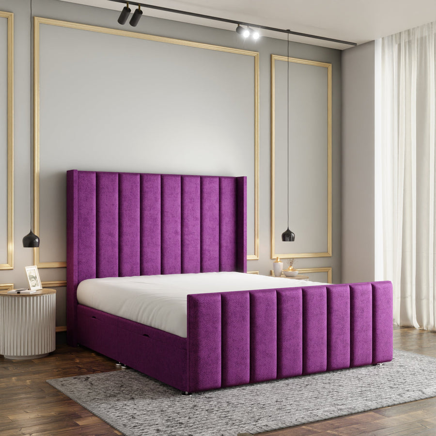 Amelia Lines Wingback Ottoman Storage Divan Bed Set With Footboard - Purple Naples