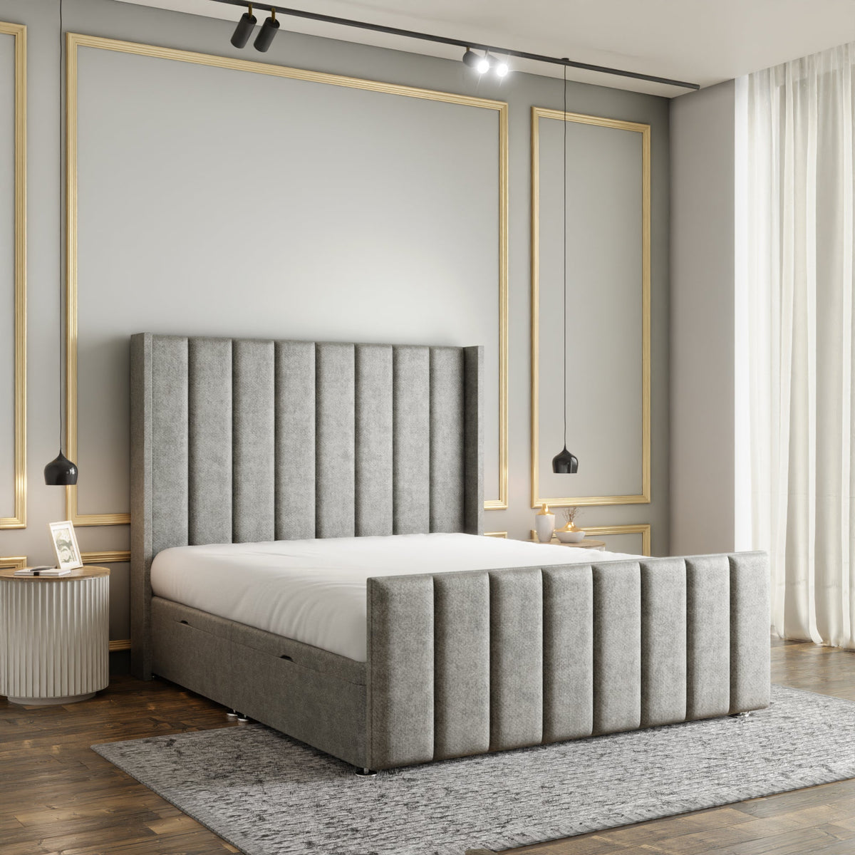 Amelia Lines Wingback Ottoman Storage Divan Bed Set With Footboard - Silver Naples