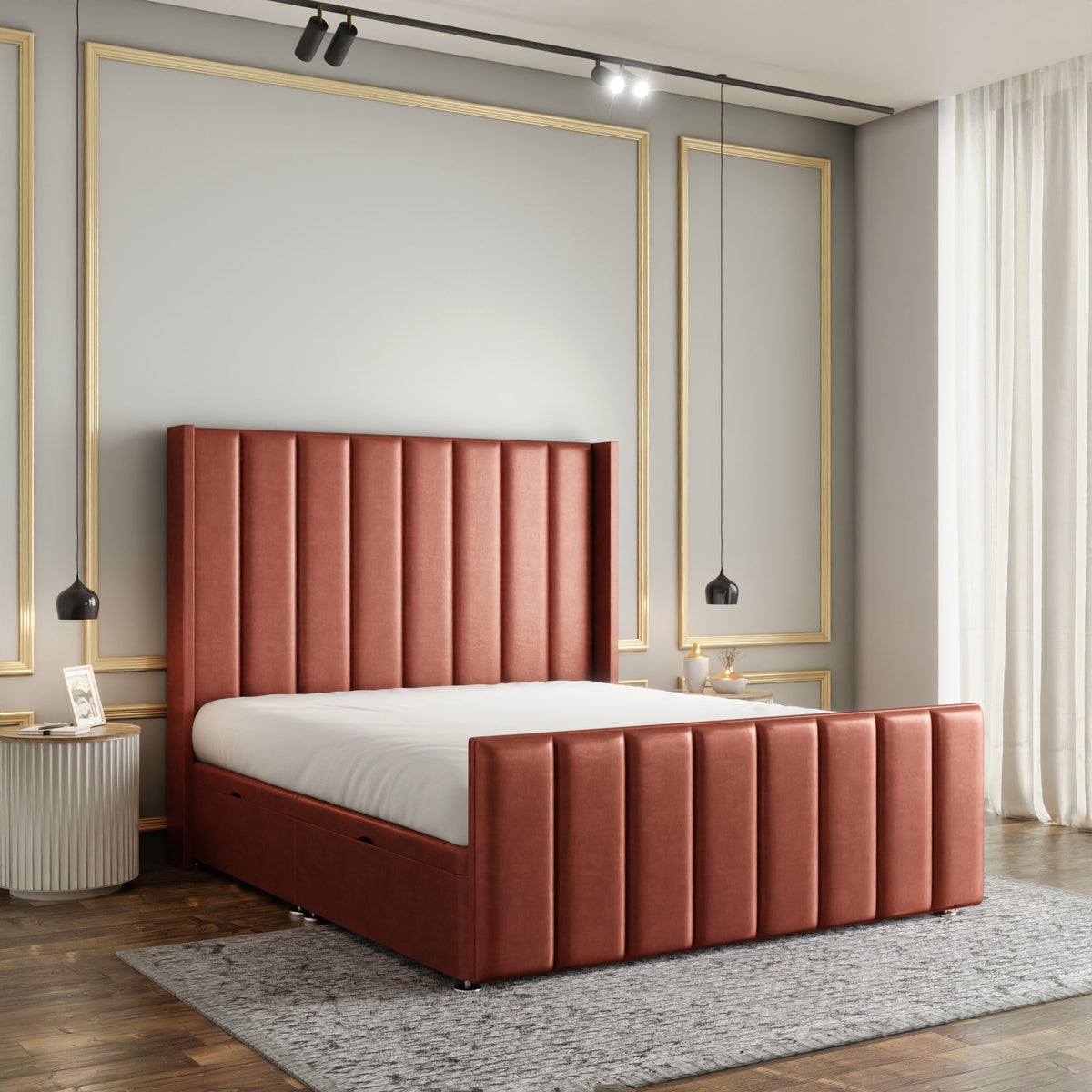 Amelia Lines Wingback Ottoman Storage Divan Bed Set With Footboard - Claret Coniston