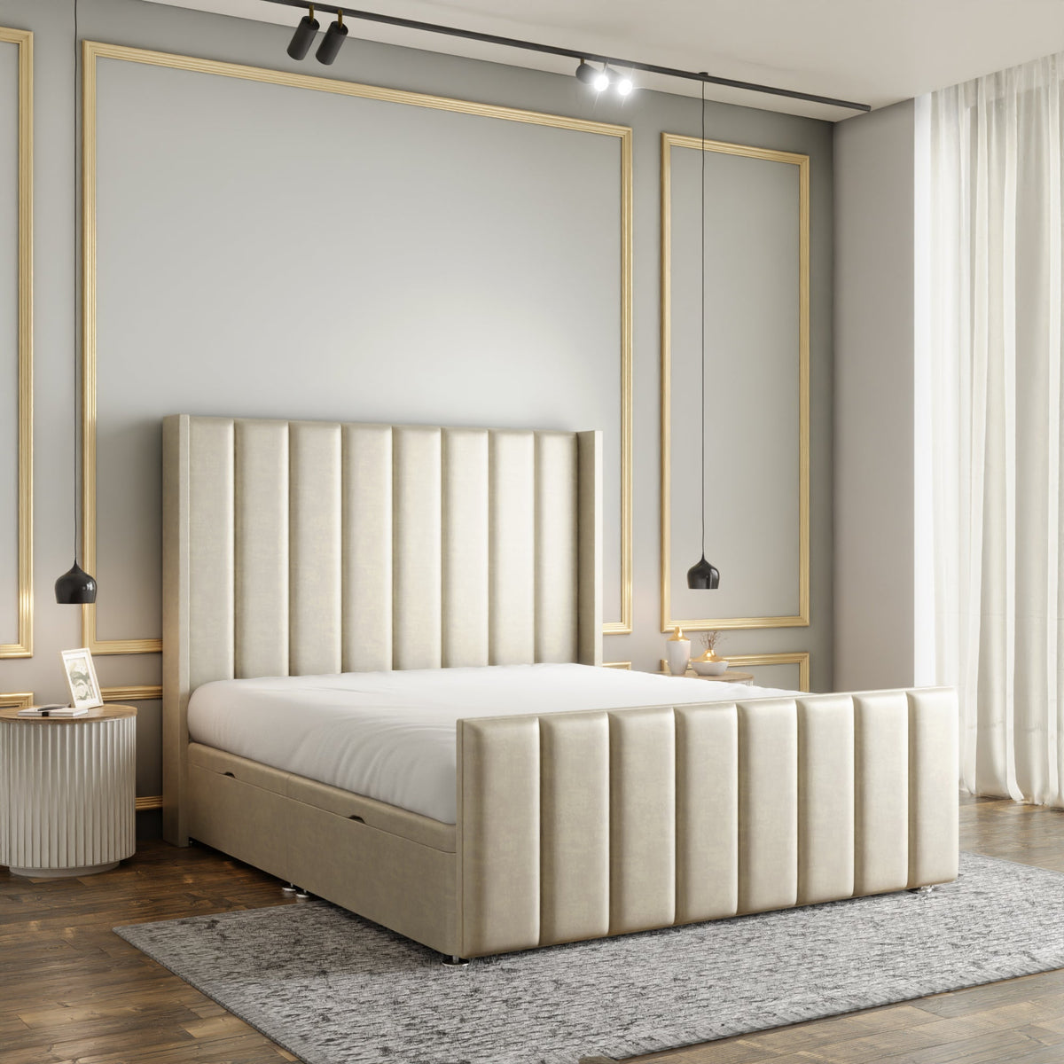 Amelia Lines Wingback Ottoman Storage Divan Bed Set With Footboard - Cream Coniston
