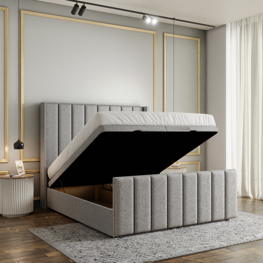 Amelia Lines Wingback Ottoman Storage Divan Bed Set With Footboard - Silver Teddy
