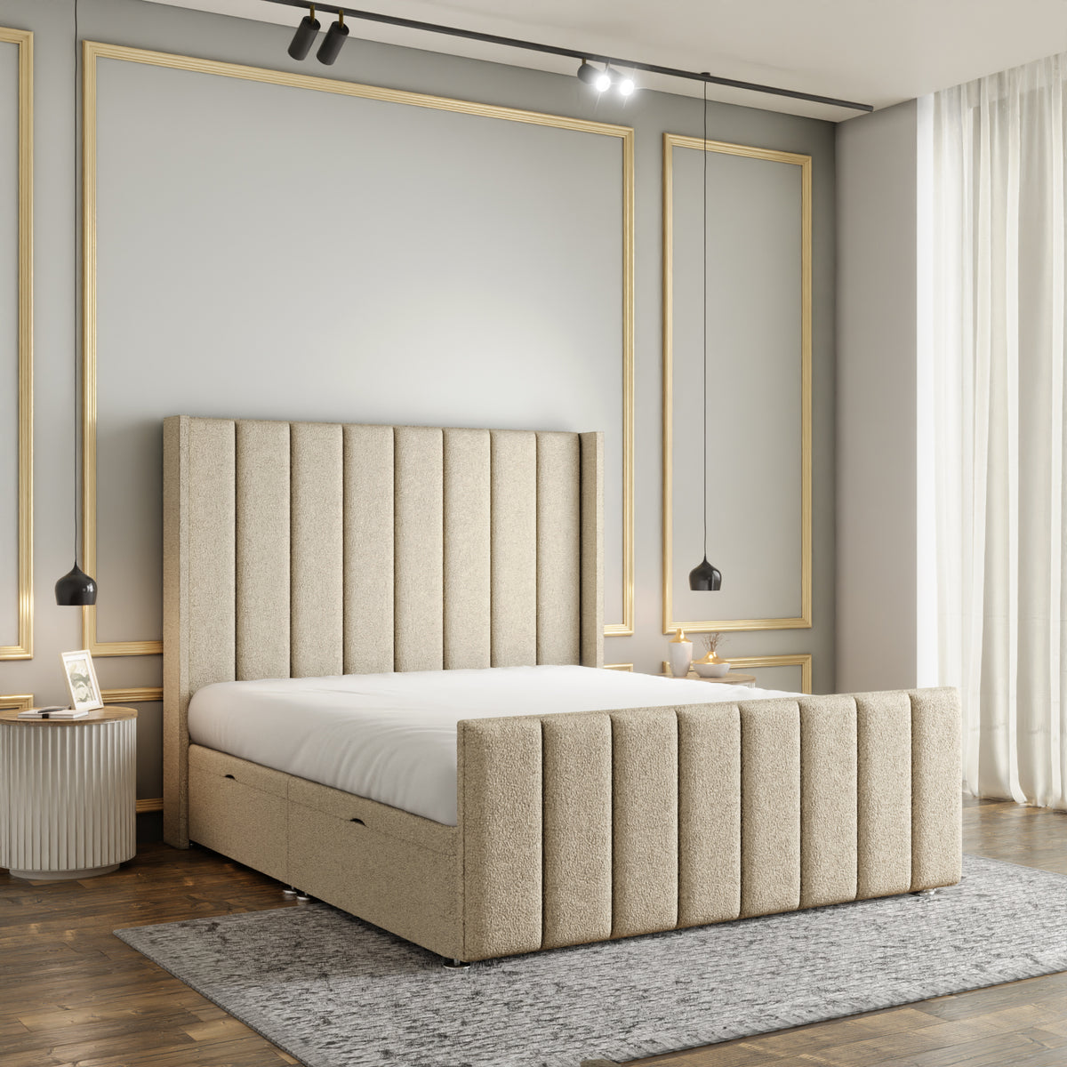 Amelia Lines Wingback Ottoman Storage Divan Bed Set With Footboard - Cream Teddy