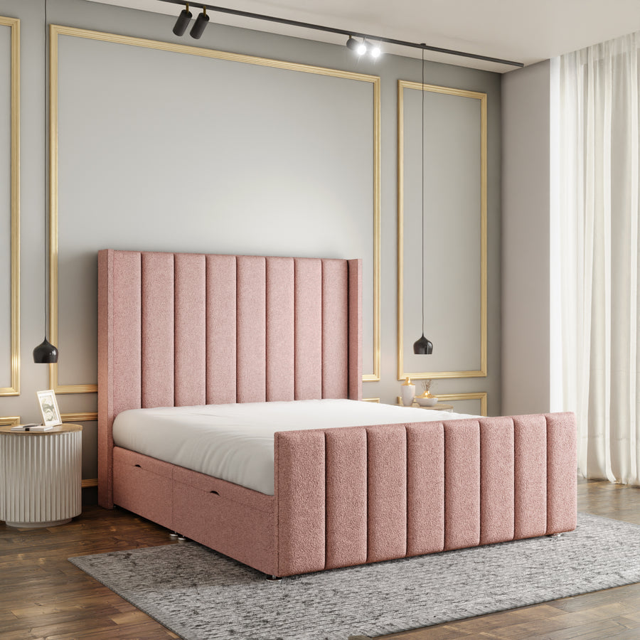 Amelia Lines Wingback Ottoman Storage Divan Bed Set With Footboard - Baby Pink Teddy