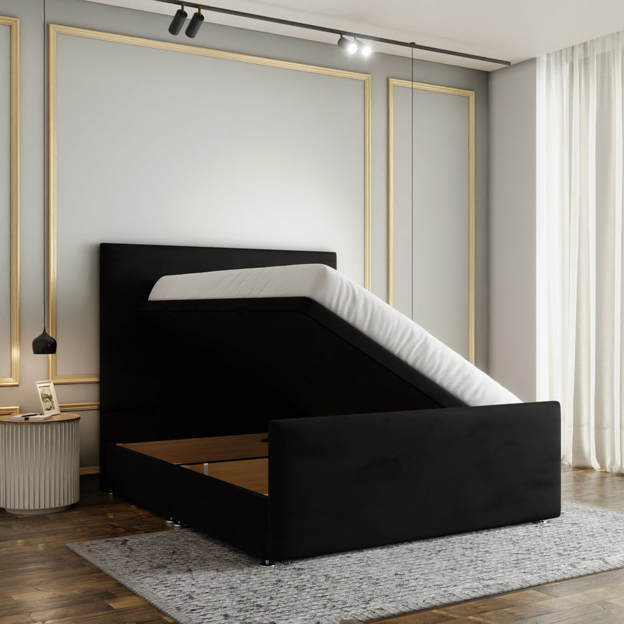 Maya Plain Ottoman Storage Divan Bed Set With Footboard - Black Plush