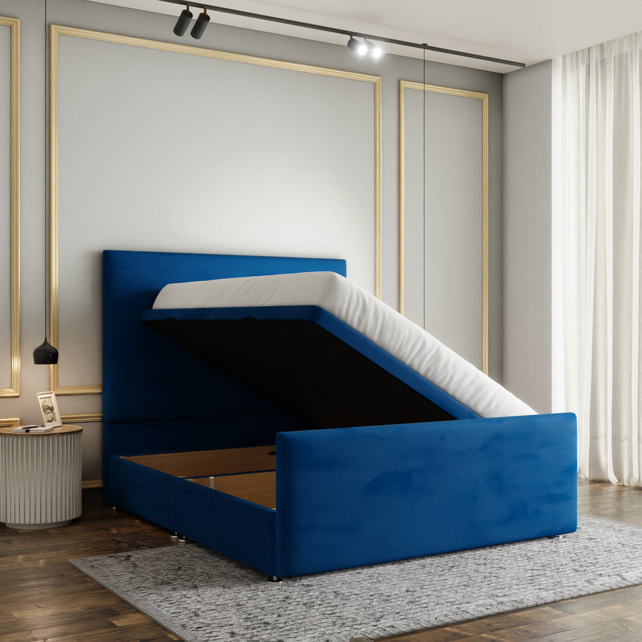 Maya Plain Ottoman Storage Divan Bed Set With Footboard - Blue Plush