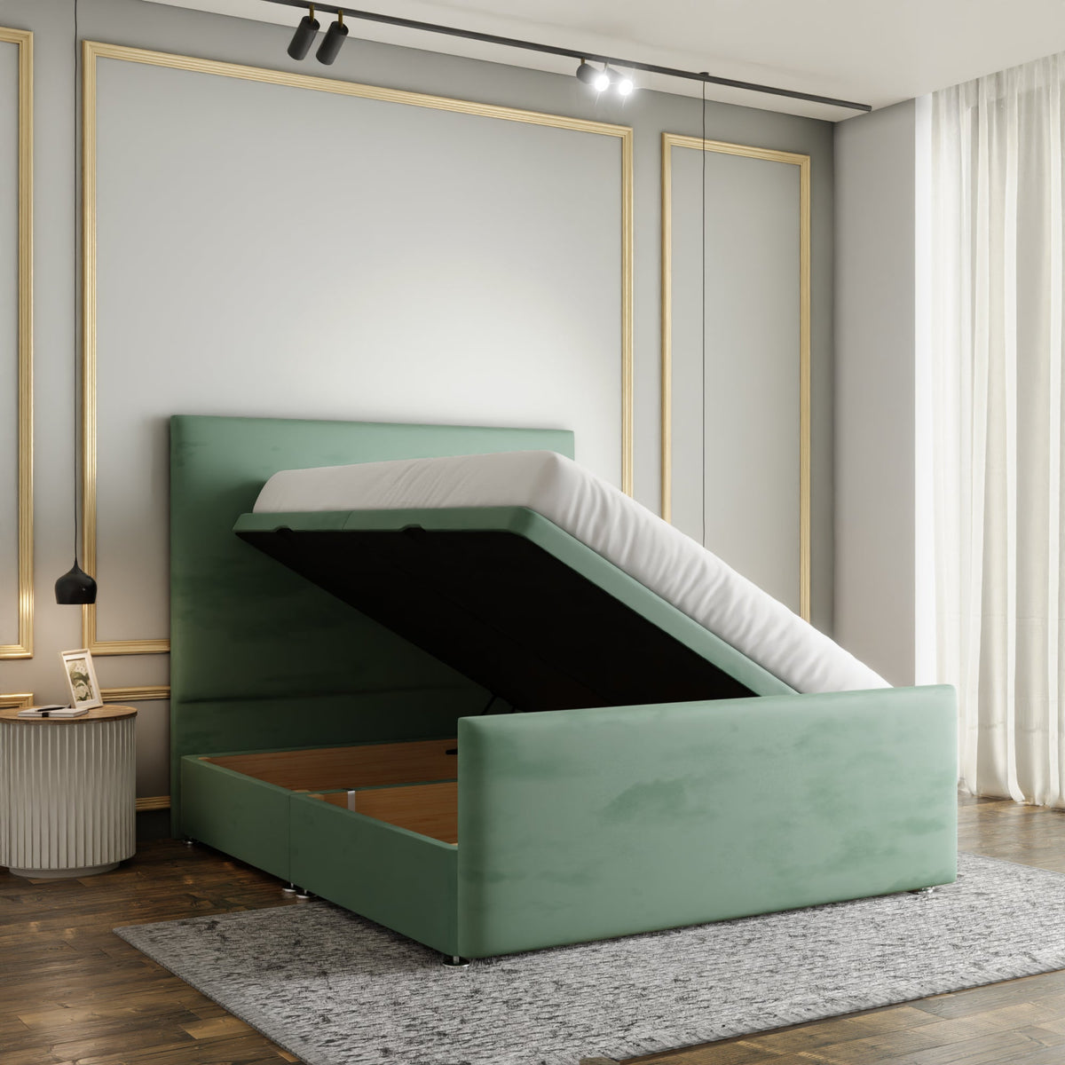 Maya Plain Ottoman Storage Divan Bed Set With Footboard - Duck Egg Plush