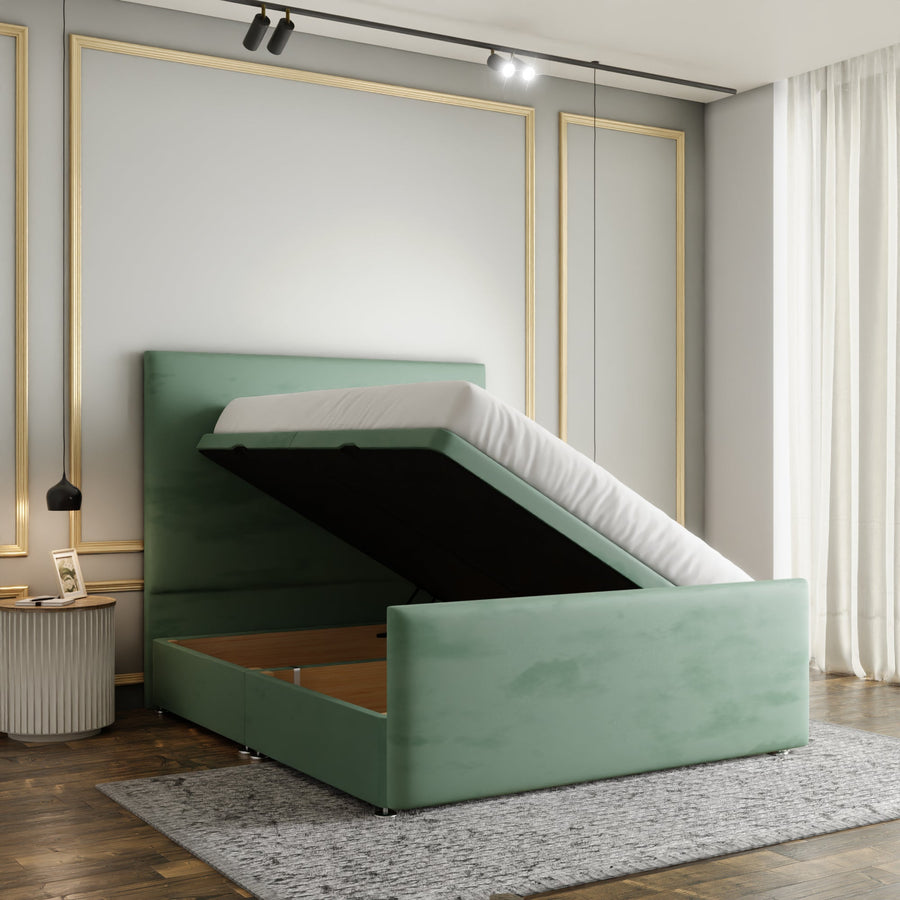 Maya Plain Ottoman Storage Divan Bed Set With Footboard - Duck Egg Plush