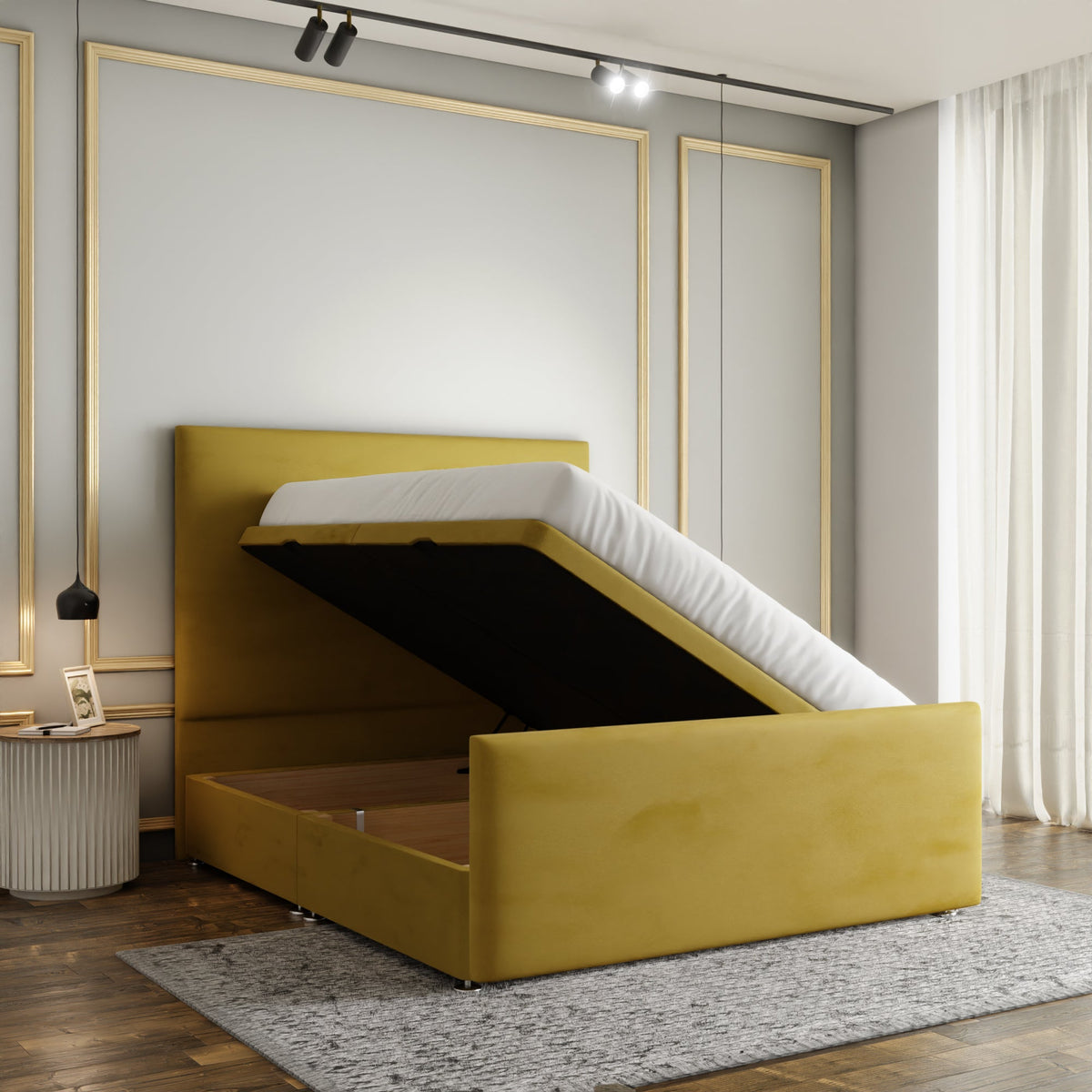 Maya Plain Ottoman Storage Divan Bed Set With Footboard - Turmeric Plush