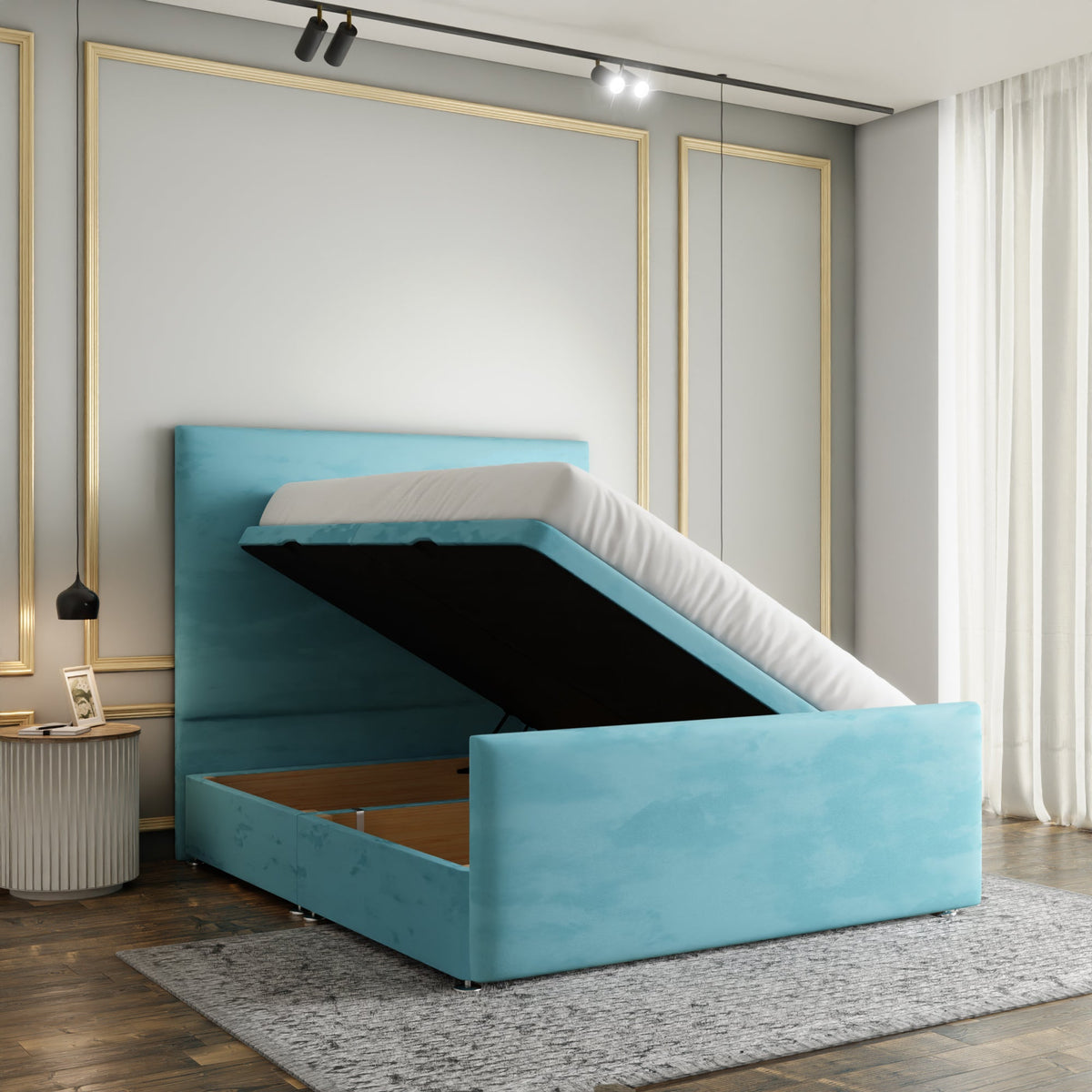 Maya Plain Ottoman Storage Divan Bed Set With Footboard - Ice Blue Plush