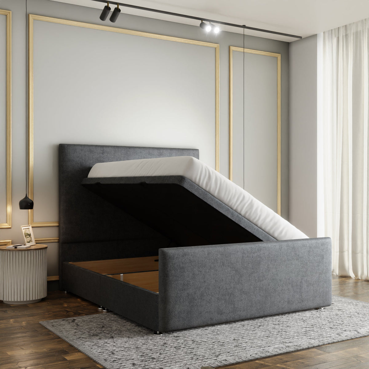 Maya Plain Ottoman Storage Divan Bed Set With Footboard - Grey Naples