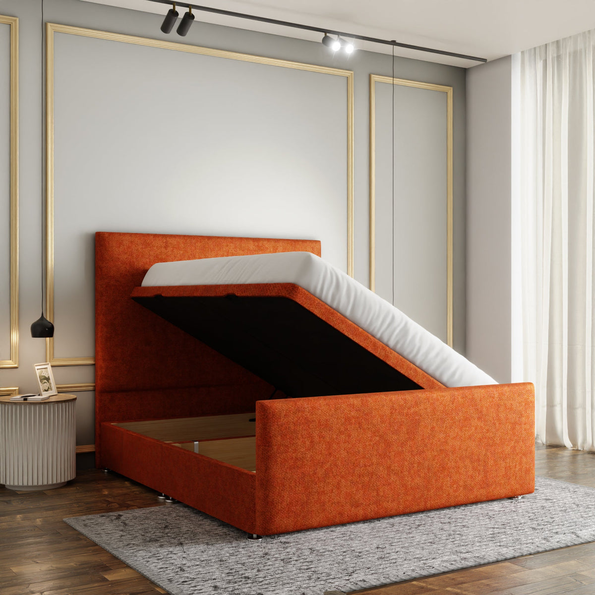 Maya Plain Ottoman Storage Divan Bed Set With Footboard - Orange Naples