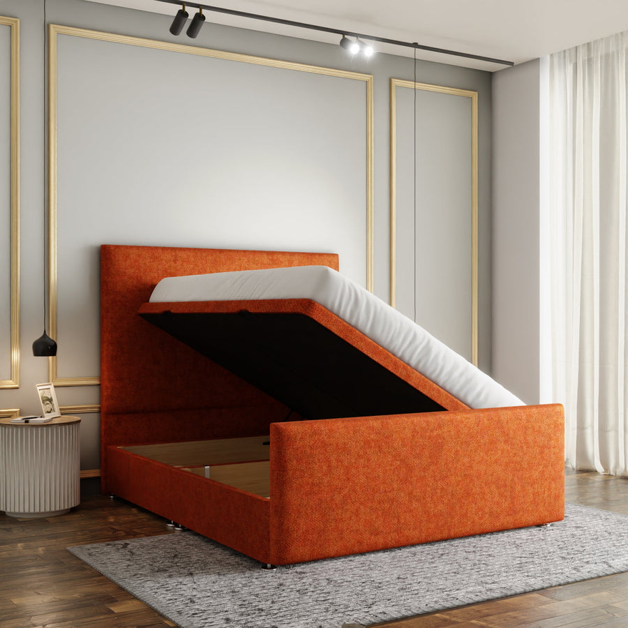 Maya Plain Ottoman Storage Divan Bed Set With Footboard - Orange Naples
