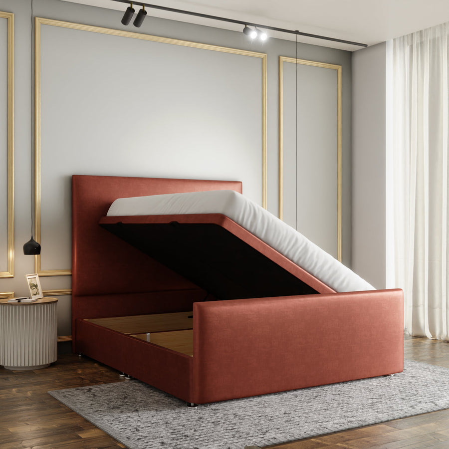 Maya Plain Ottoman Storage Divan Bed Set With Footboard - Claret Coniston